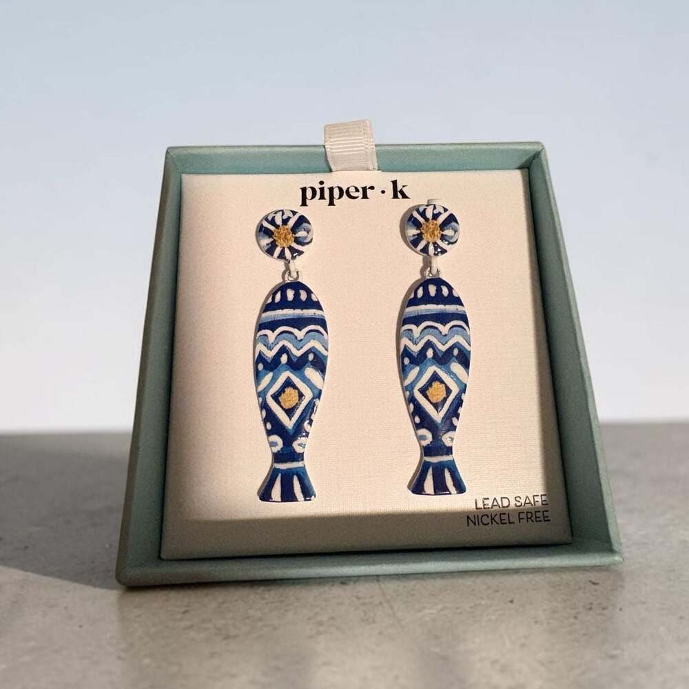 Piper K Blue and White Sardine Fish Pattern Drop Earrings